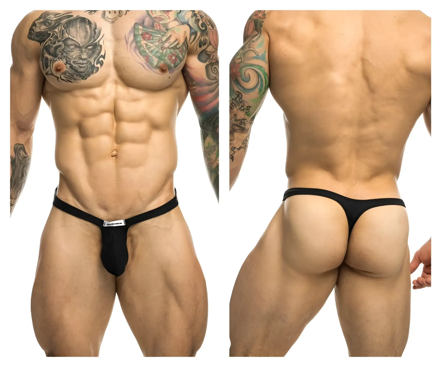 Black Justin Simon XSJBU02 bulge thong with small silver logo on front band in soft stretch fabric