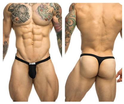 Black Justin Simon XSJBU02 bulge thong with small silver logo on front band in soft stretch fabric
