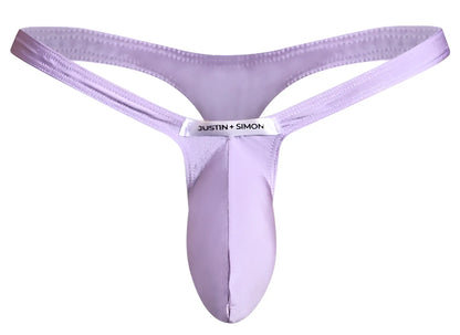 Purple satin bulge thong with a white justin plus simon label in lilac color for stylish comfort