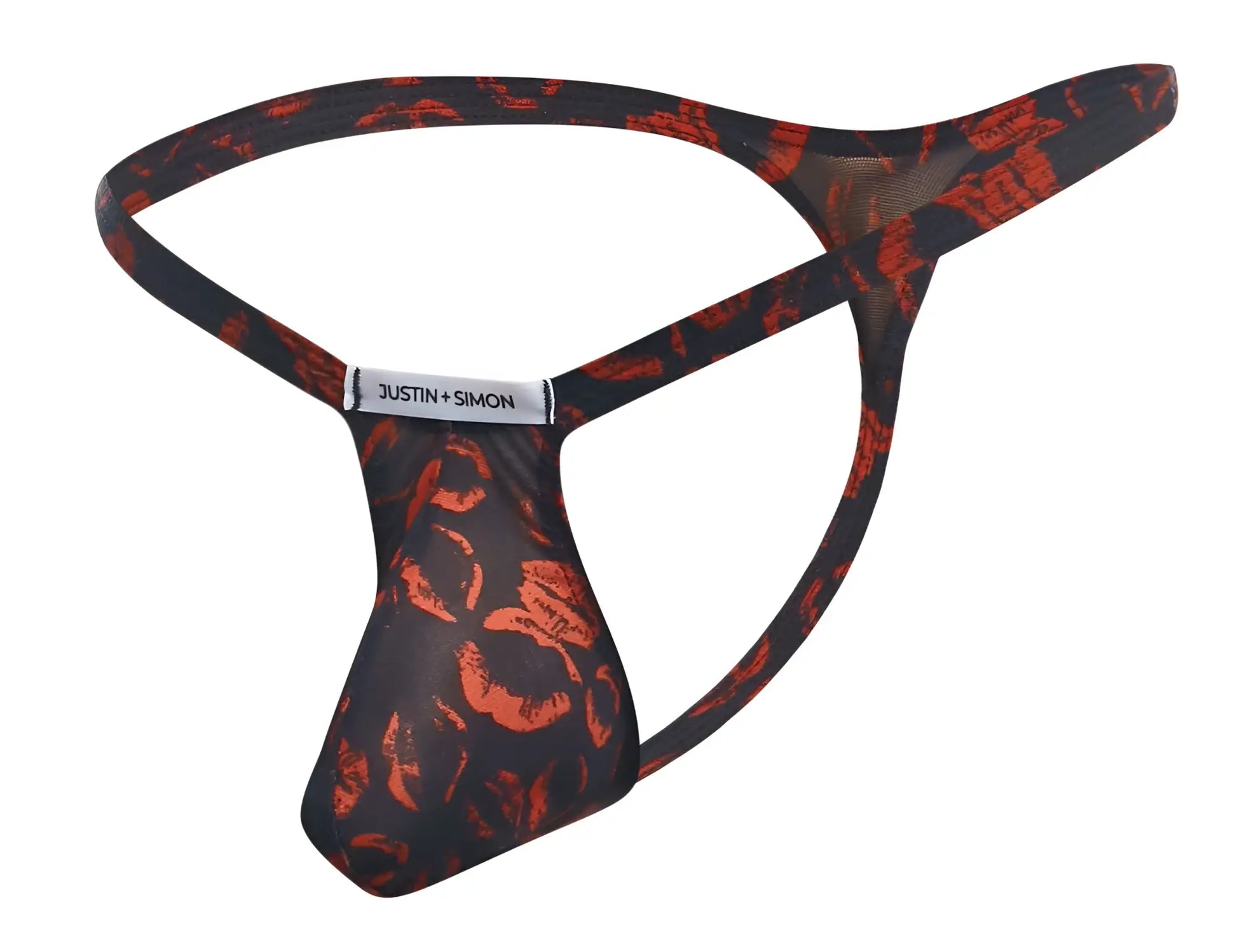 Black and orange patterned justin simon bulge thong with bold graphic design in lips color for xsjbu02 model