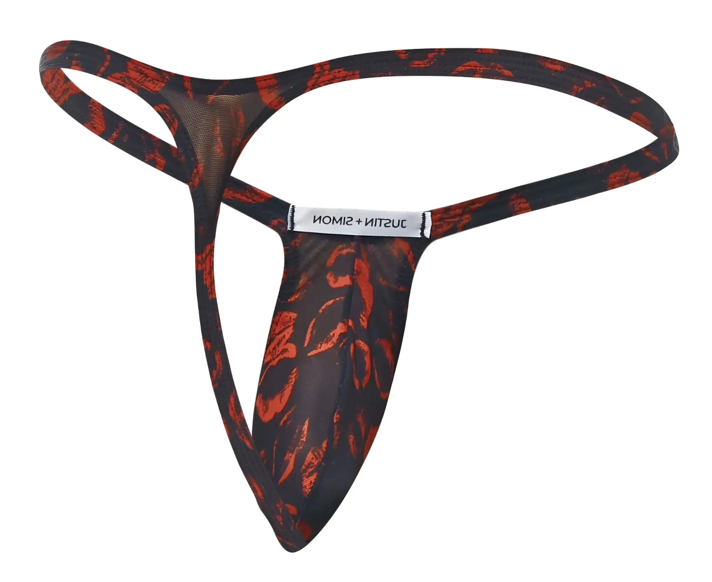 Black and red patterned mesh bulge thong with branded label from justin simon xsjbu02 color lips collection