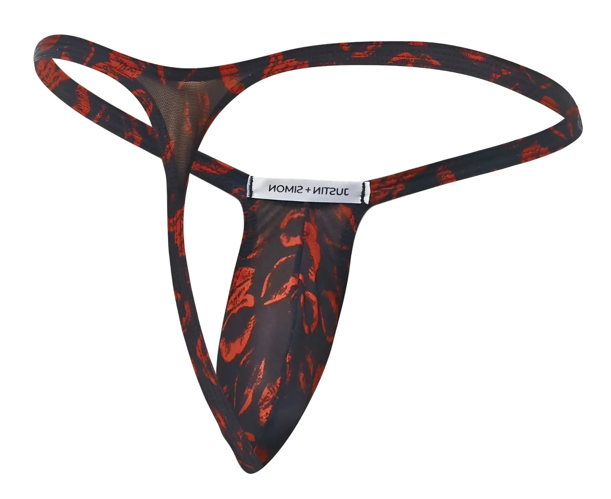 Black and red patterned mesh bulge thong with branded label from justin simon xsjbu02 color lips collection