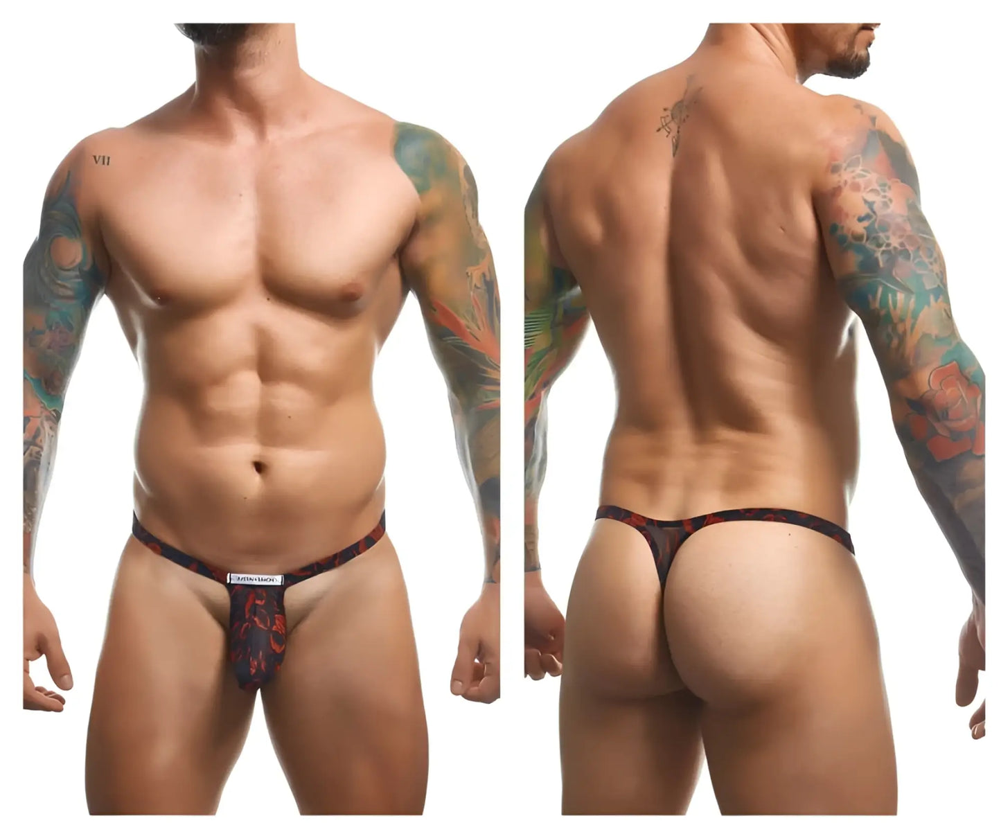 Black and red patterned Justin Simon XSJBU02 bulge thong with small white label at the front color lips design