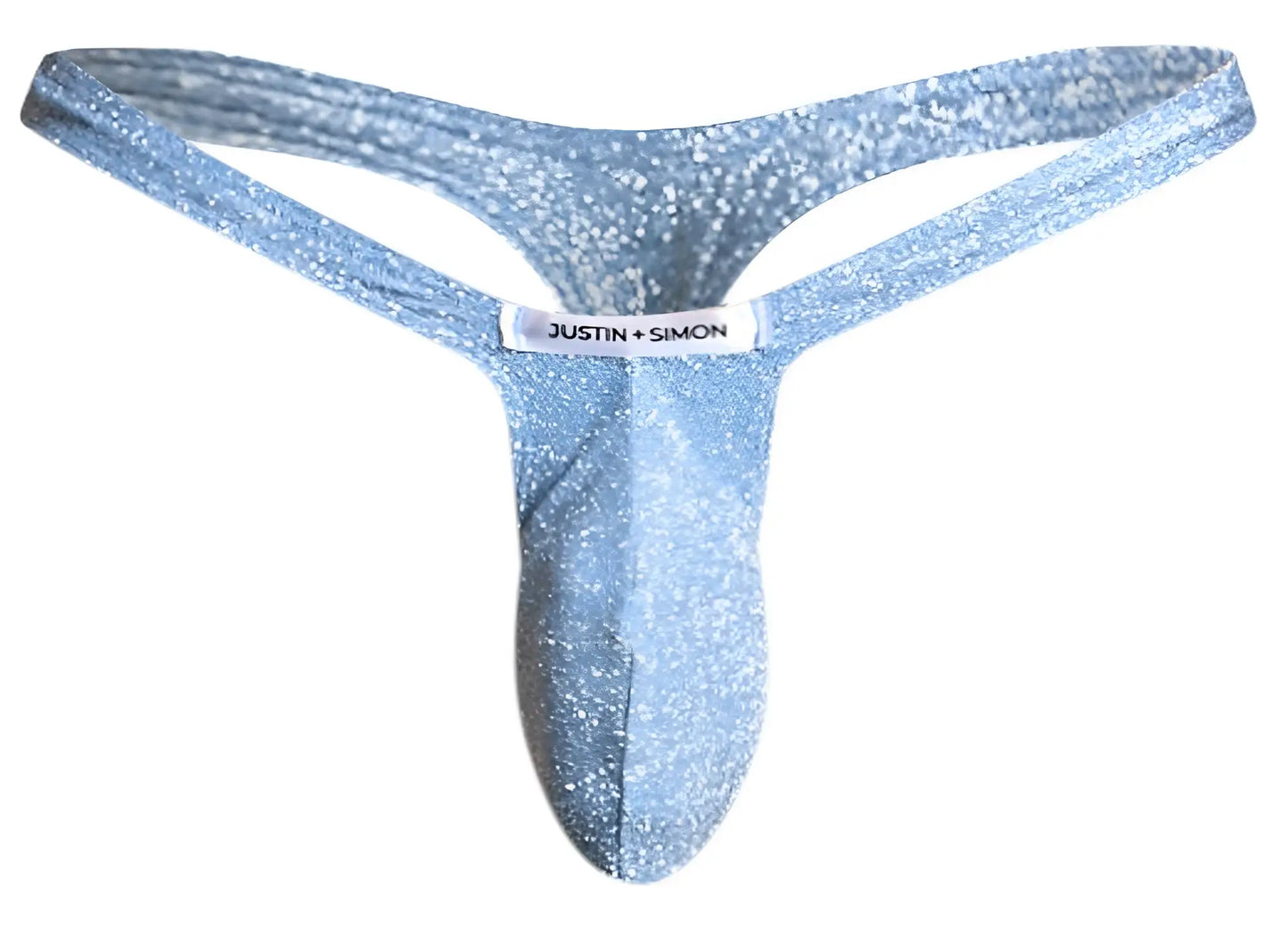 A shimmering light blue glittery bulge thong from justin plus simon in lurex material shown from the front