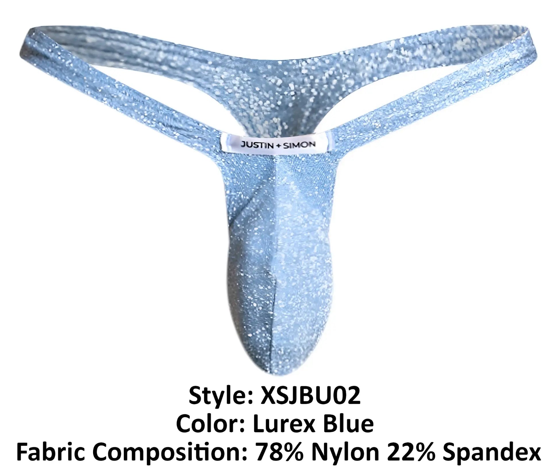 A lurex blue thong from justin + simon made of stretchy nylon and spandex for a sleek glittering fit