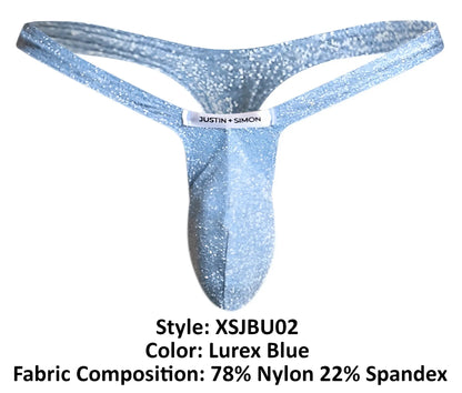 A lurex blue thong from justin + simon made of stretchy nylon and spandex for a sleek glittering fit