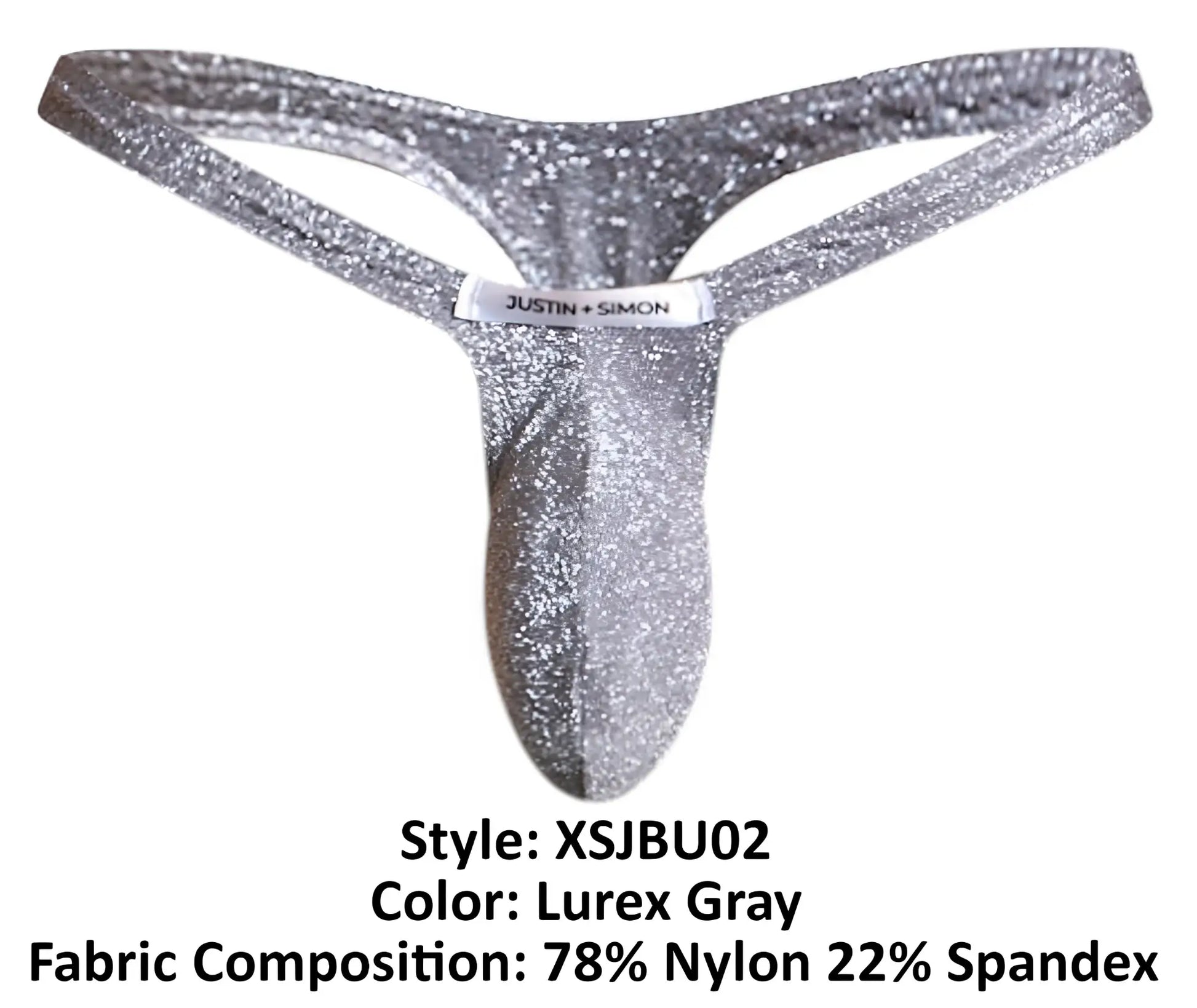 Shiny silver glittery lurex gray thong with justin plus simon label at the waistband for men bulge support