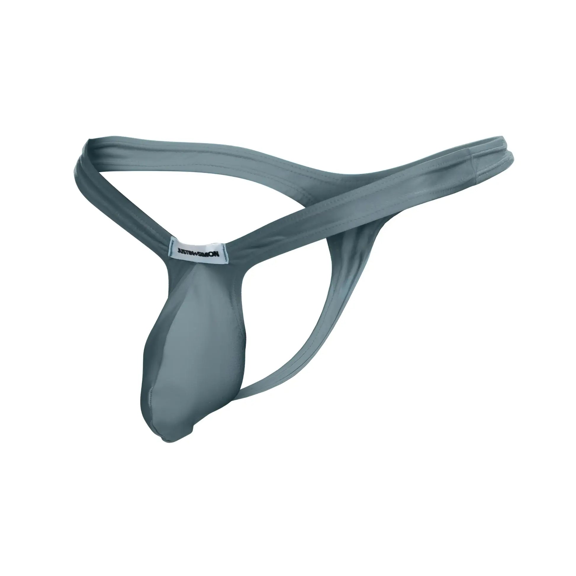 Gray mesh bulge thong in metal green with supportive contoured design and reinforced elastic bands by justin simon