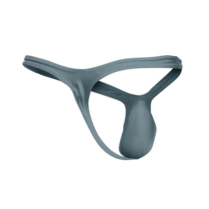 A sleek dark gray JUSTIN+SIMON XSJBU02 bulge thong made of smooth stretchy fabric with a minimalist design