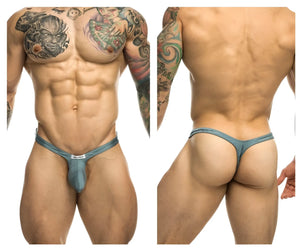 Teal-colored justin simon xsjbu02 bulge thong with metallic front buckle in metal green color