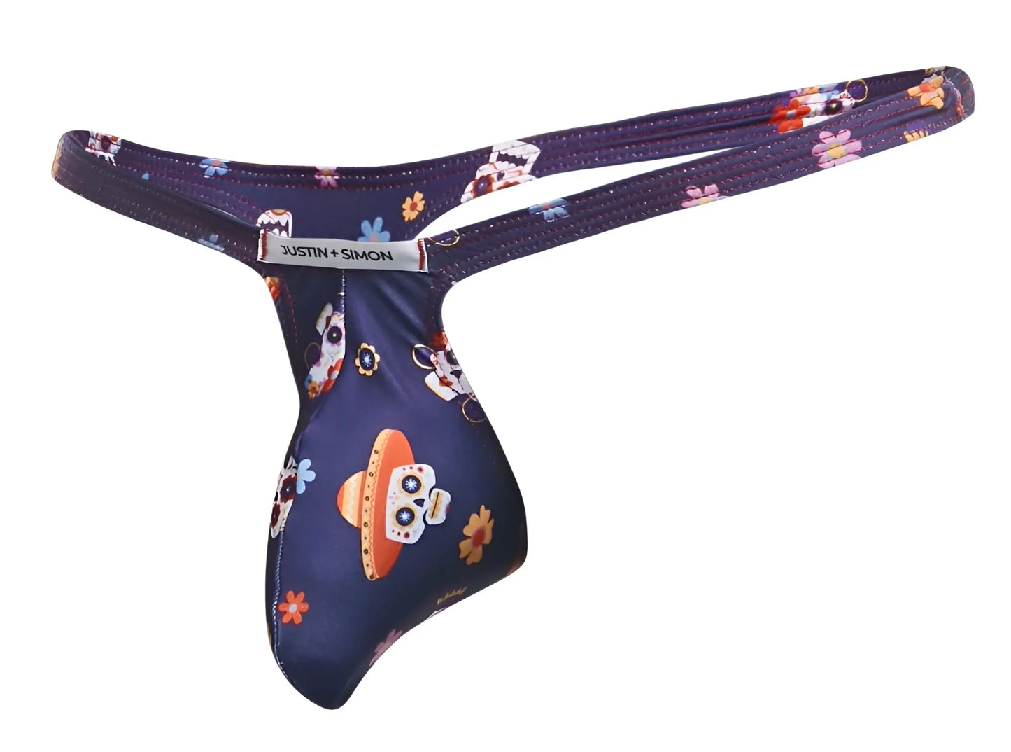Dark blue justin simon men’s thong with vibrant day of the dead skull and sombrero floral pattern mexico design