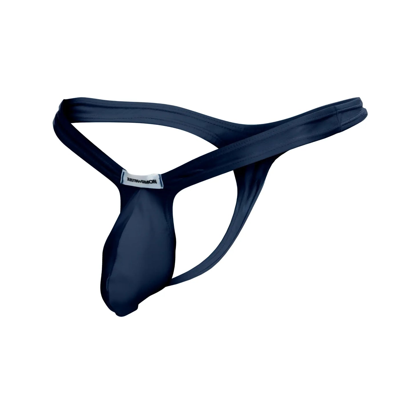 Navy blue justin simon xsjbu02 bulge thong made of smooth stretchable fabric with sleek design and branded tag at waistband