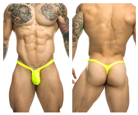 Bright neon yellow justin simon xsjbu02 bulge thong with small white brand tag at the front