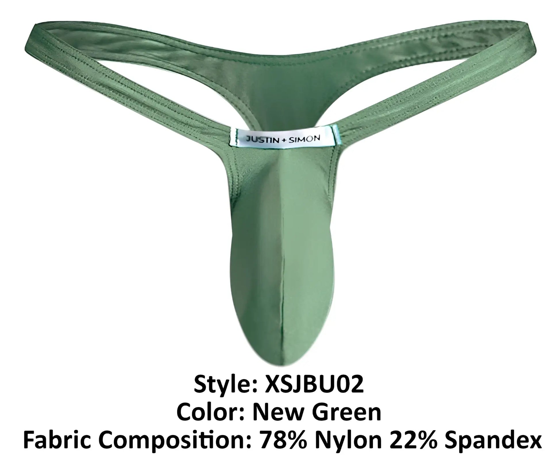 Justin simon men’s thong in new green made of 78 nylon 22 spandex for comfortable bulge support