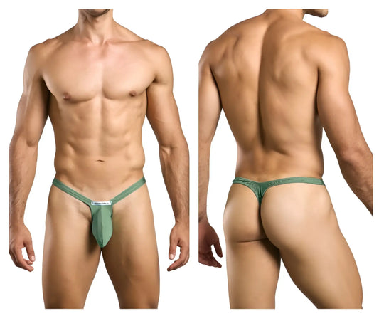 Green mesh bulge thong with a small white label on the front band from justin simon xsjbu02 collection