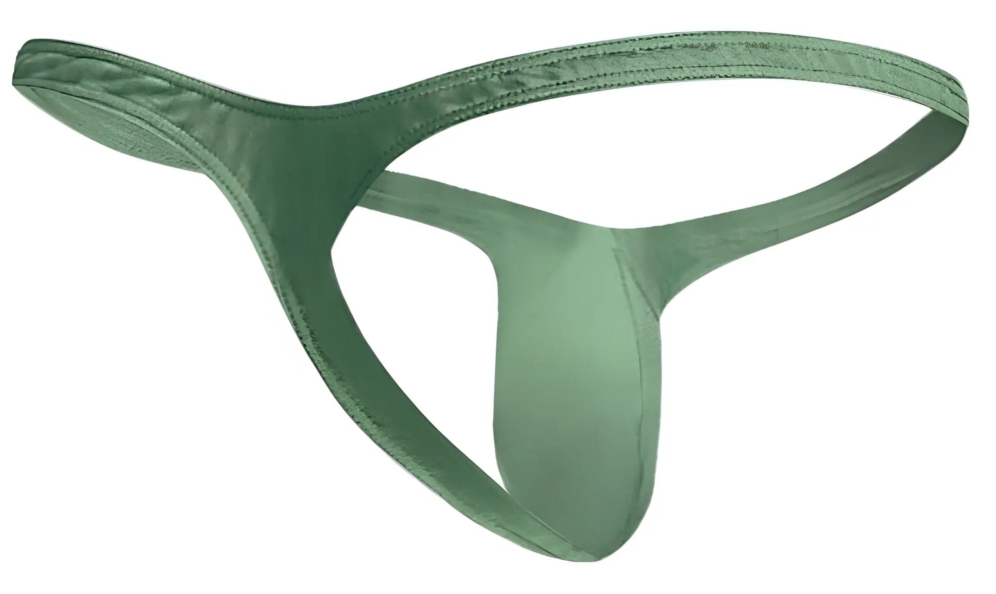 A sleek olive-green satin bulge thong with subtle sheen and reinforced edges from JUSTIN SIMON XSJBU02