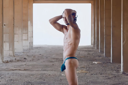Teal blue jockstrap bulge thong by justin simon in opal green designed for comfort and support