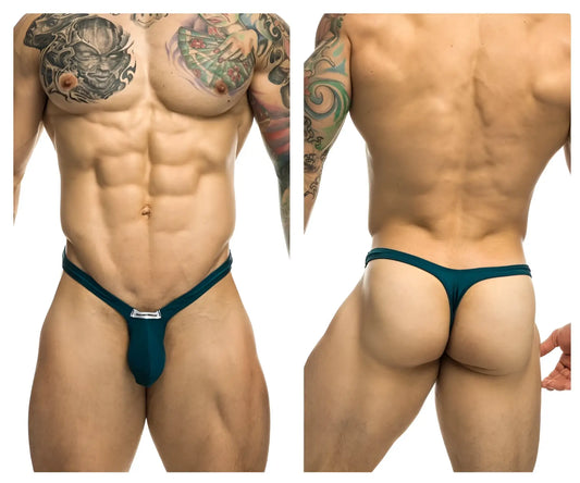 Teal bulge thong with a small silver logo at the front in Justin+Simon XSJBU02 color opal green