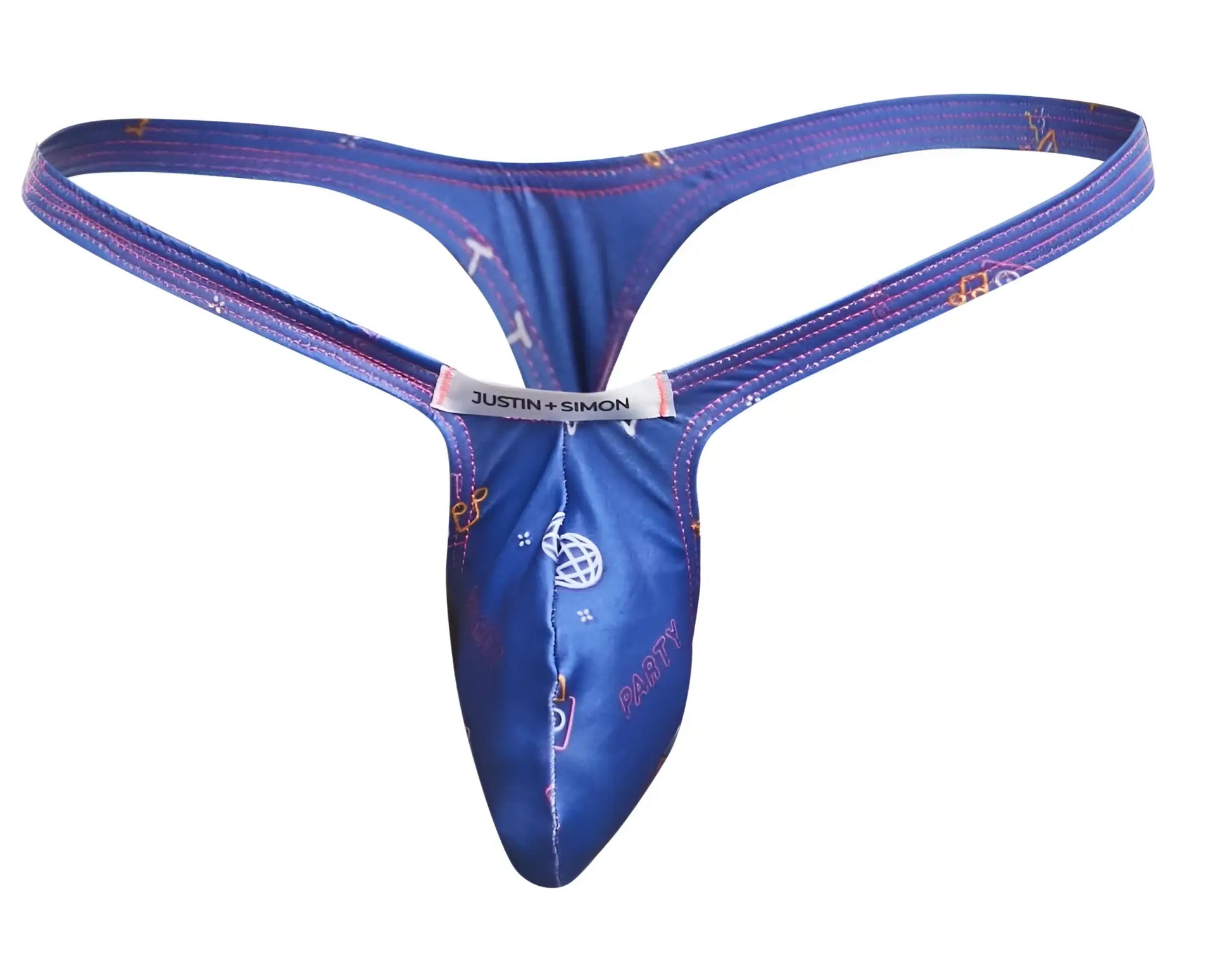 Blue justin simon thong with shiny patterned fabric in white and pink graphics from justin simon xsjbu02 bulge thongs color party