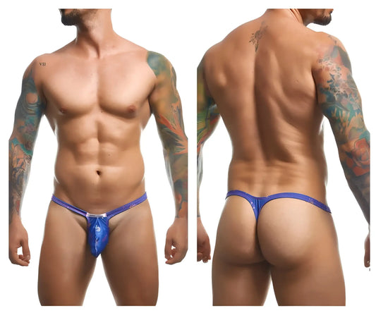 Blue shiny bulge thong by justin simon with a small decorative emblem in color party design