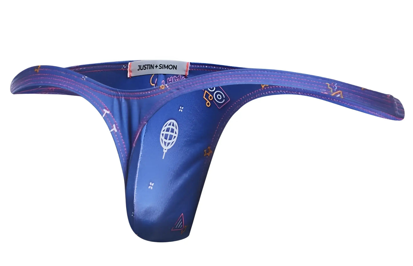 Blue justin simon xsjbu02 bulge thong with shiny satin finish and playful globes speakers geometric print in white and orange