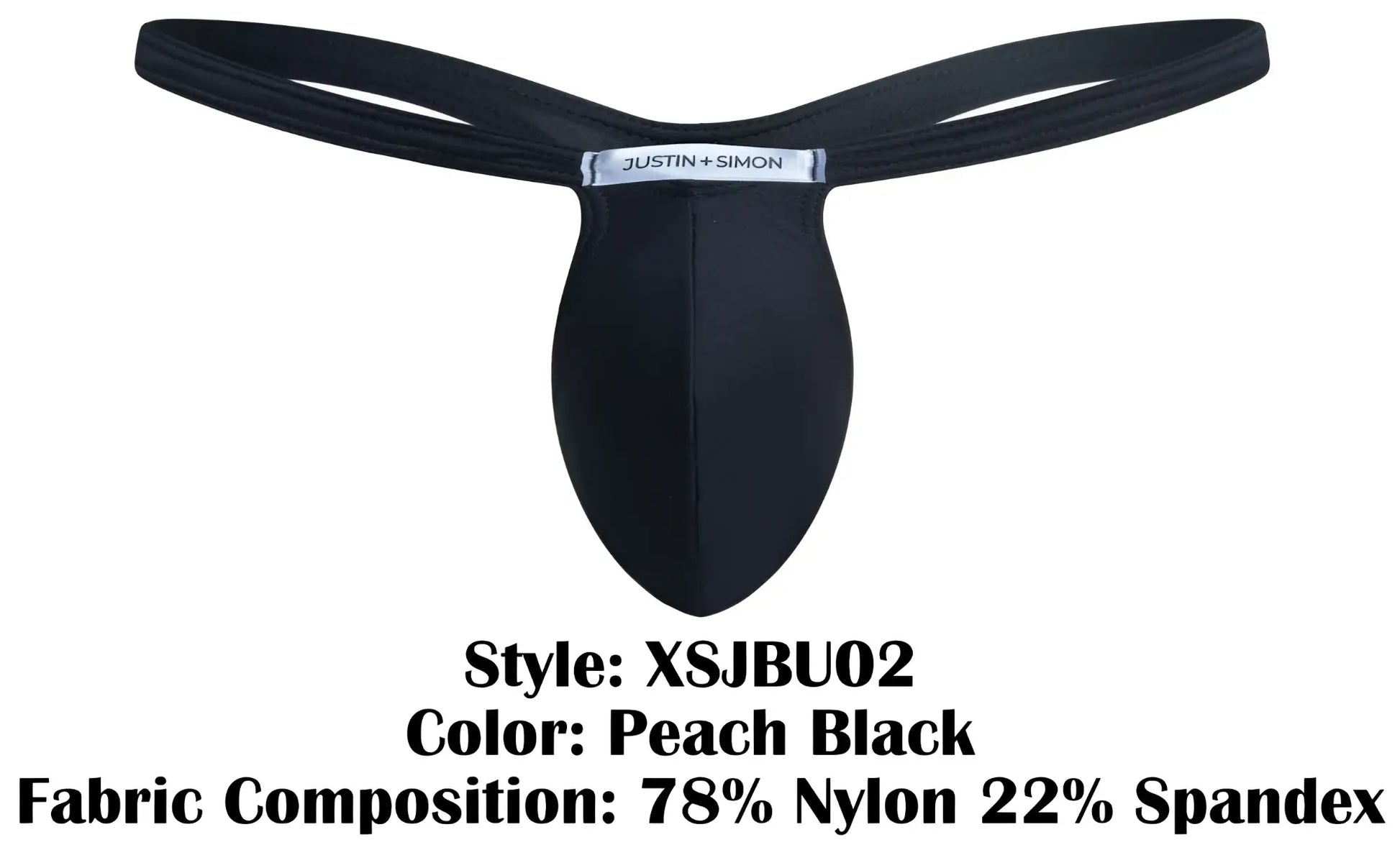 Black peach-colored JUSTIN SIMON bulge thong with sleek form-fitting design and elastic waistband shown from back