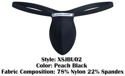 Black peach-colored JUSTIN SIMON bulge thong with sleek form-fitting design and elastic waistband shown from back