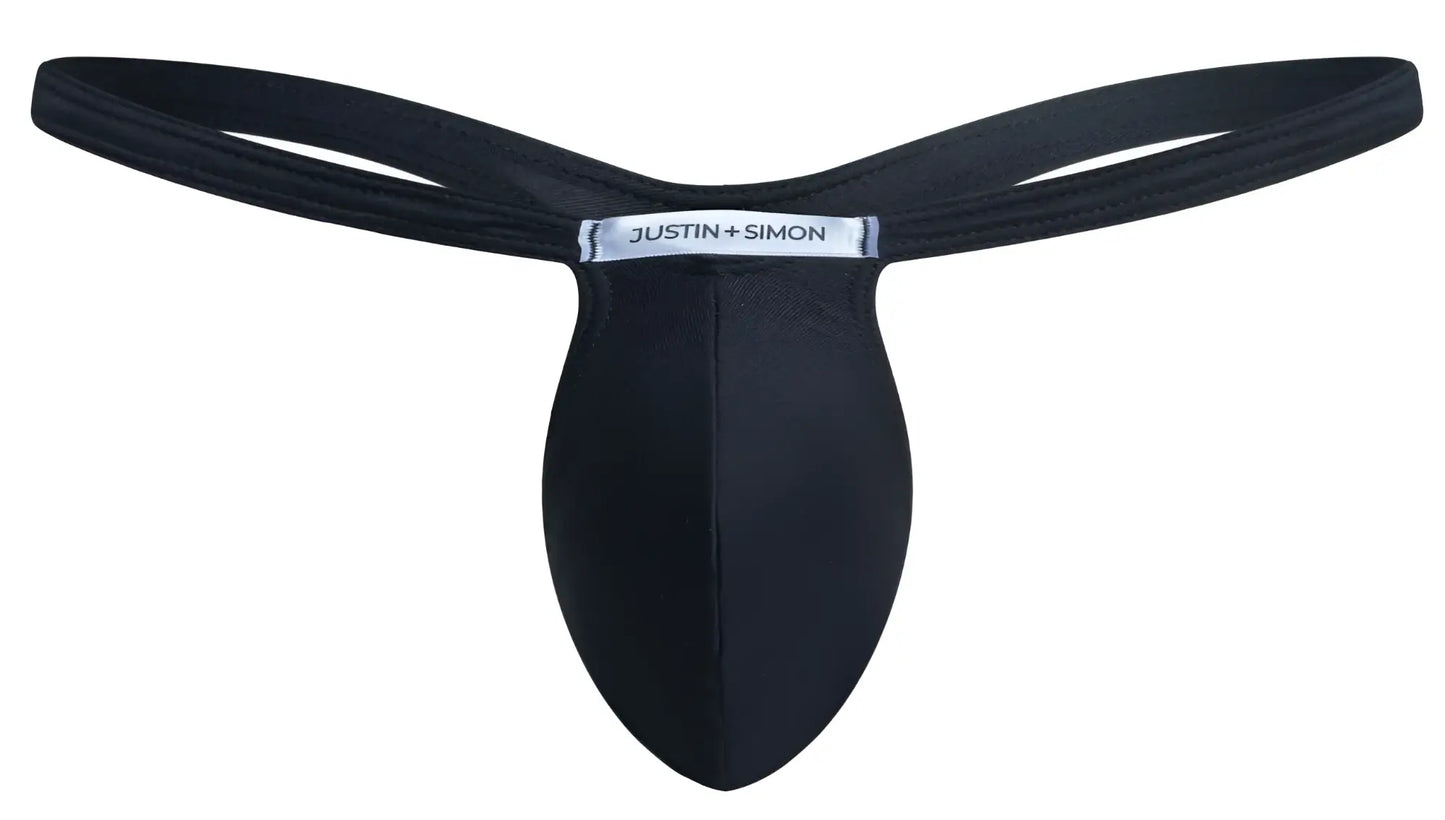Black justin simon thong in peach black color with smooth stretchy fabric and minimalist sleek design