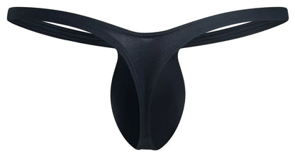Black seamless thong made of stretchy fabric with smooth minimalist design from justin simon bulge thongs collection