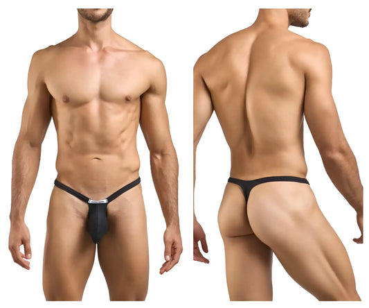 Black thong with narrow waistband and small rectangular logo from JUSTIN SIMON XSJBU02 bulge thongs in peach black
