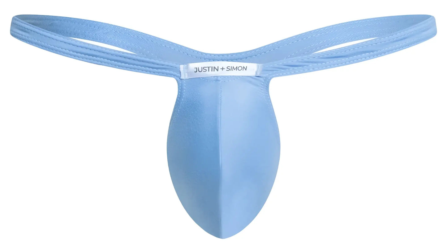 Light blue justin simon bulge thong with smooth stretchy fabric and central pouch design for comfortable wear