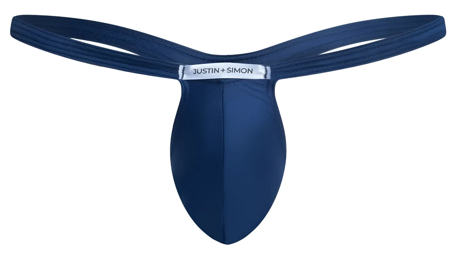Navy blue justin plus simon thong in smooth form-fitting fabric with sleek contoured design for a bulge enhancing fit
