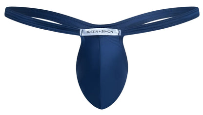 Navy blue justin plus simon thong in smooth form-fitting fabric with sleek contoured design for a bulge enhancing fit