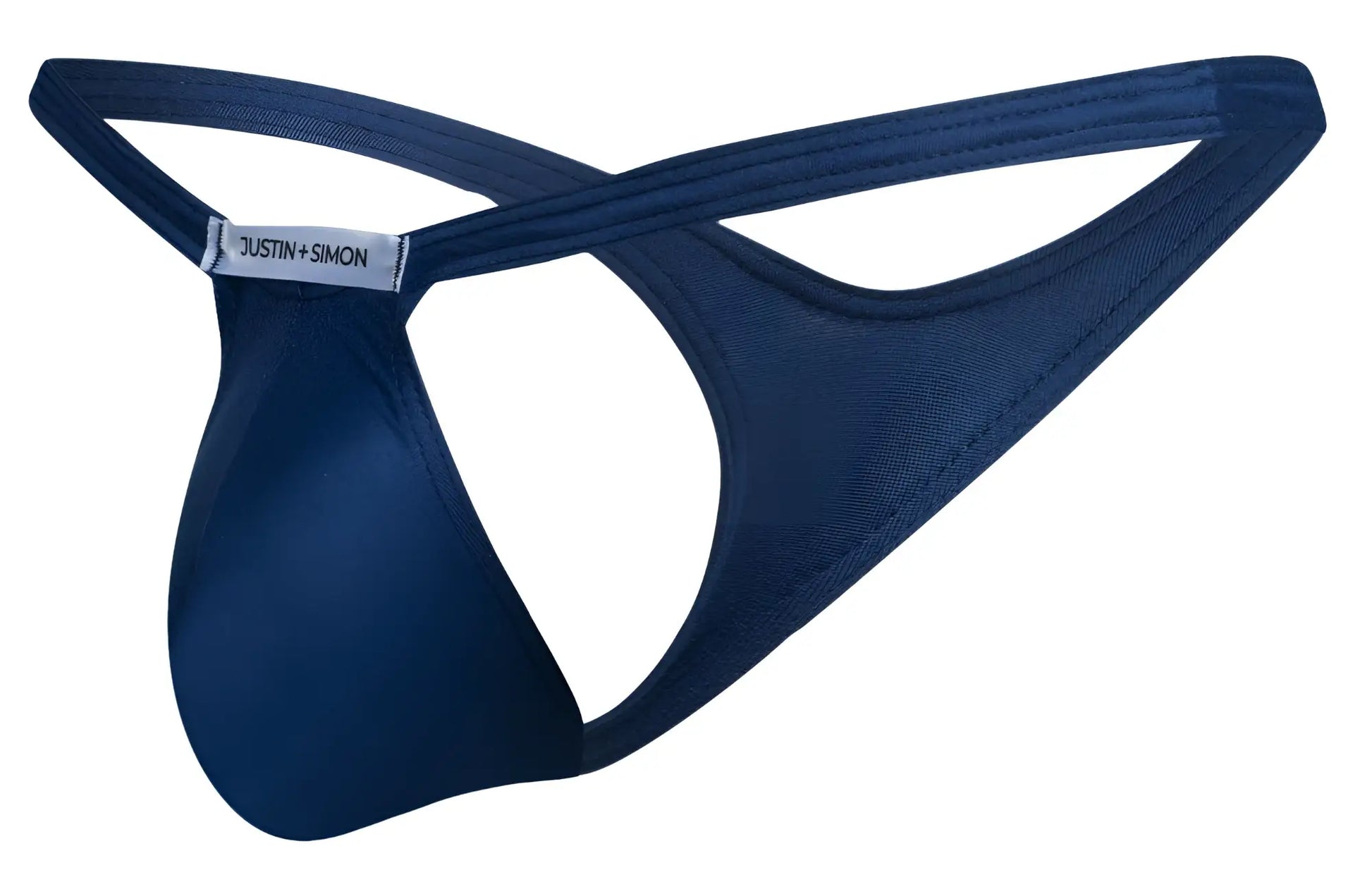 Navy blue justin simon bulge thong with smooth stretchy fabric and crossed back straps shown from the back side