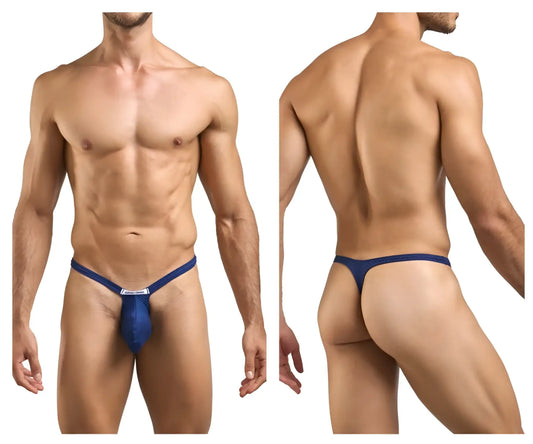 Justin+Simon xsjbu02 peach navy bulge thong in blue with supportive contoured design and small white logo on front