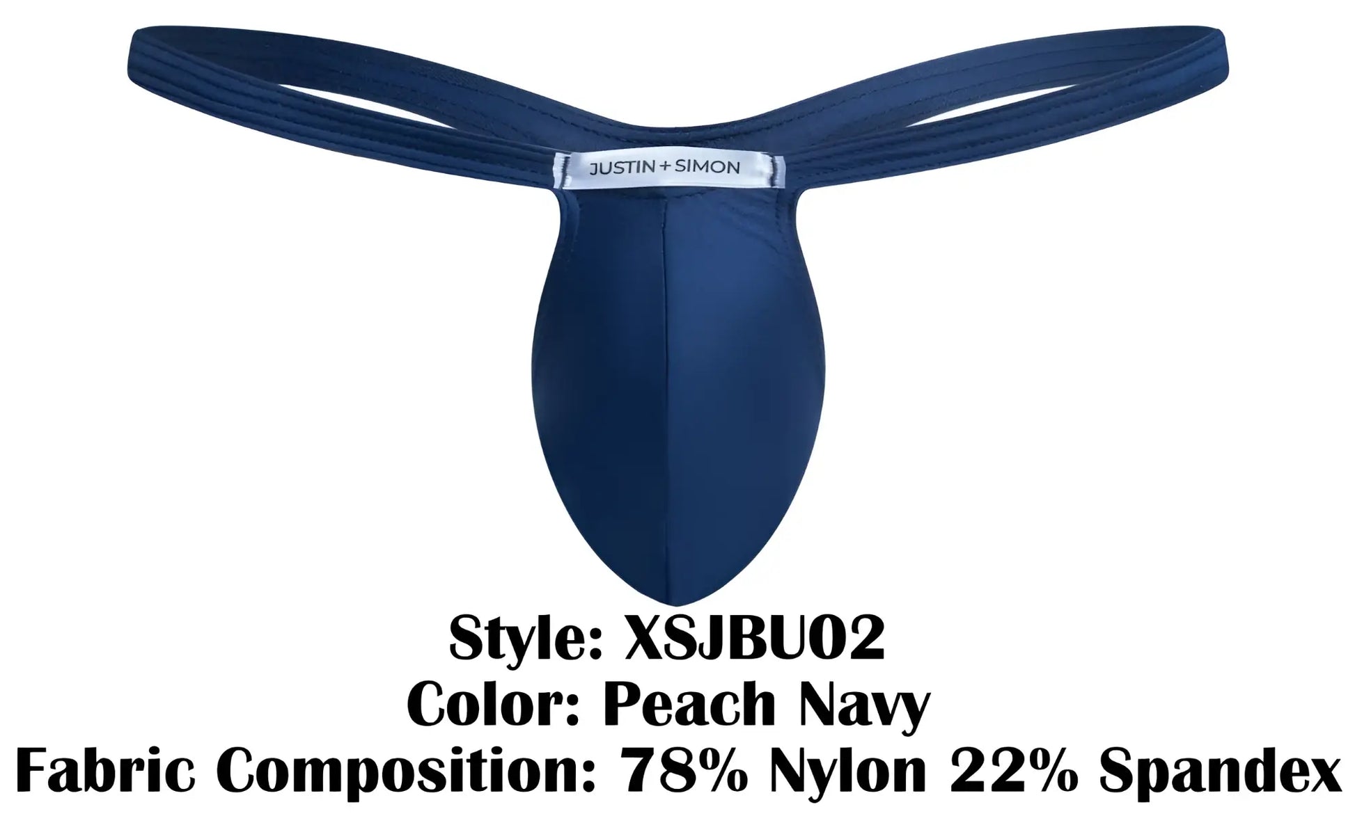 Peach navy justin simon bulge thong in sleek form fitting design made of 78 nylon and 22 spandex front view