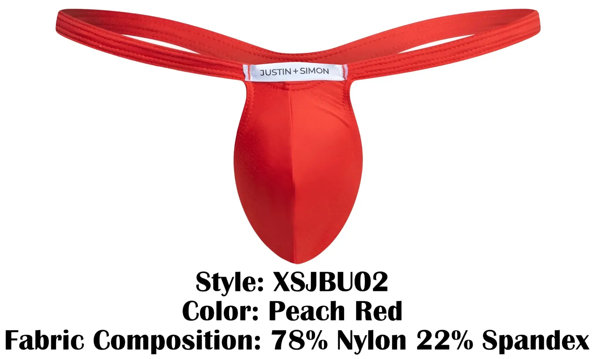 Peach red nylon and spandex bulge thong by justin simon showing front side in product xsjbu02 design