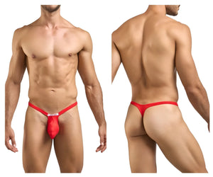 JustinSimon xsjbu02 bulge thong in peach red with textured waistband and small white front label in a form-fitting design