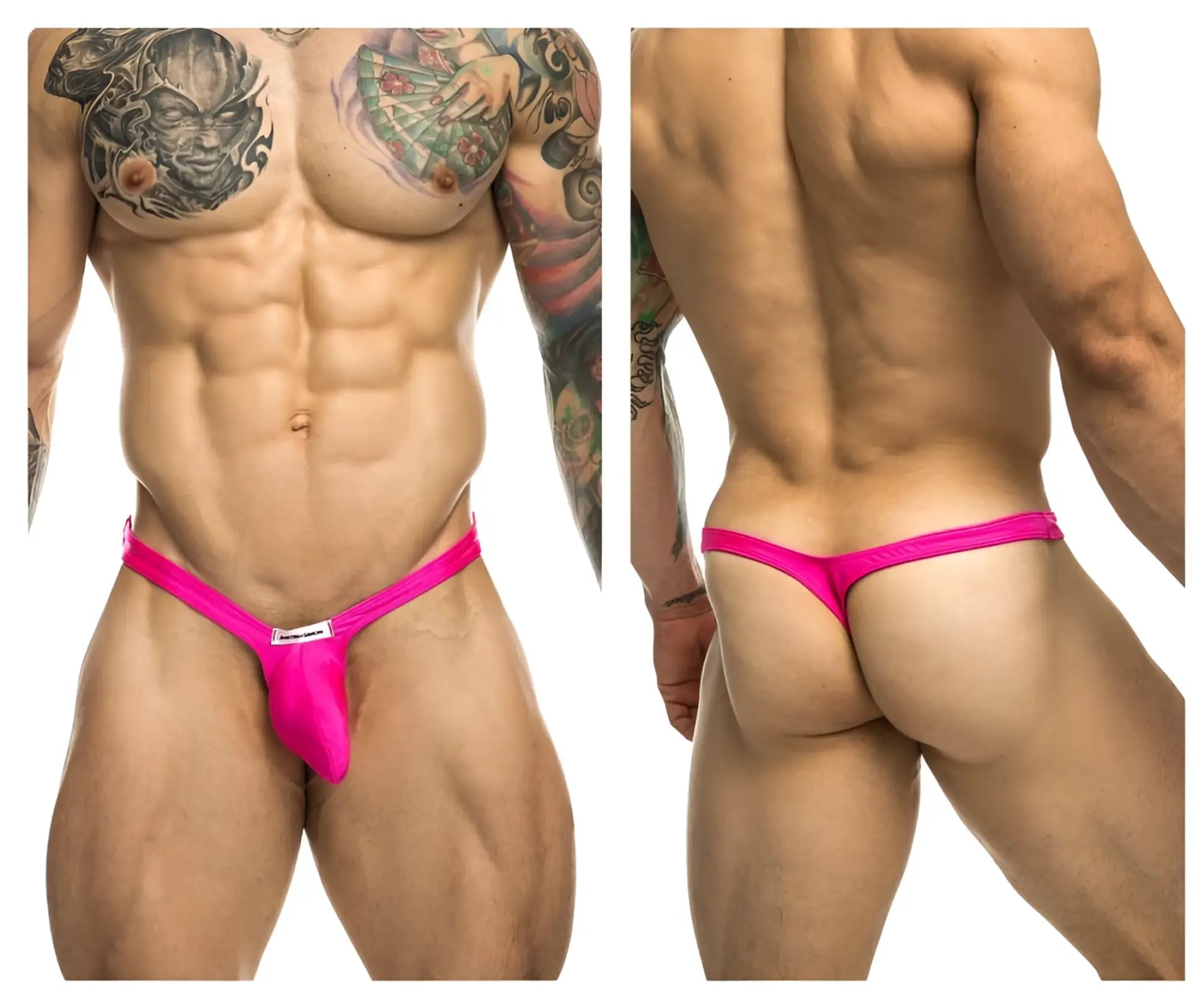 Vibrant pink nylon bulge thong with small white label at front from justin simon xsjbu02 collection