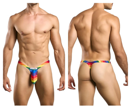 Rainbow-colored stretchy fabric thong with bold stripe pattern and calvin klein logo in justin simon xsjbu02 pride flag collection