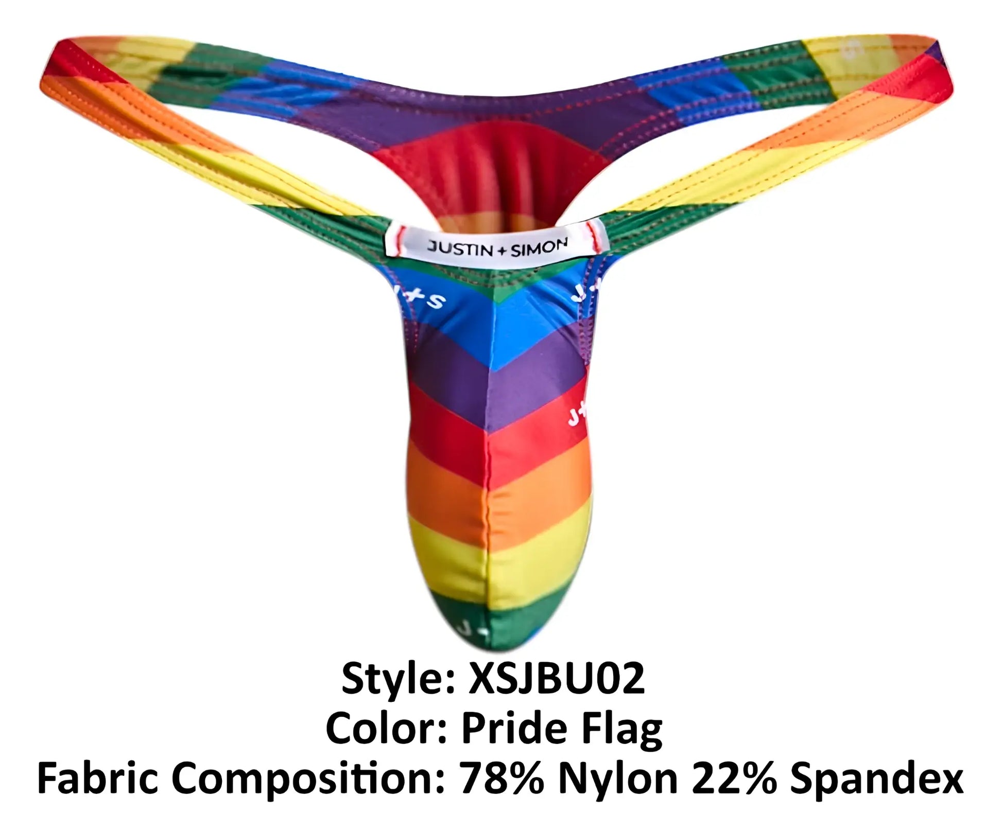 Justin Simon xsjbu02 bulge thong in pride flag colors made from 78 nylon and 22 spandex fabric