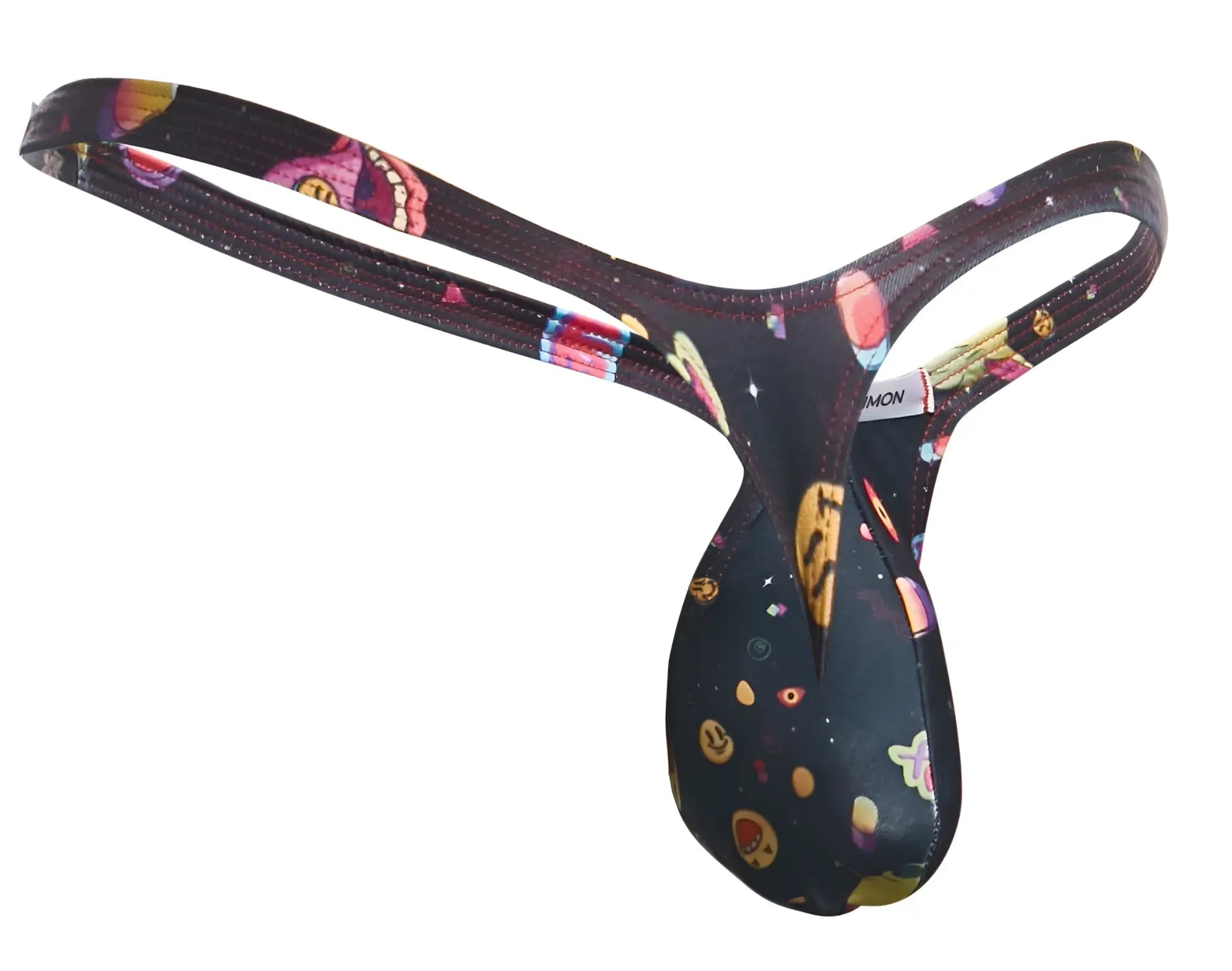 Black thong bulge thong by JUSTIN+SIMON with colorful cosmic planets stars cartoon faces on stretchy fabric