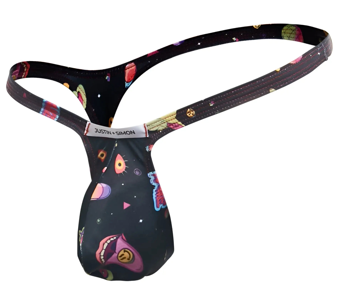 Black justin simon xsjbu02 bulge thong with a vibrant cosmic design featuring planets stars and cartoonish alien faces