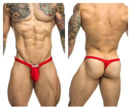 Red bulge thong by justin simon with a small white label at the front in vibrant red color