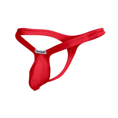 Vibrant red justin simon xsjbu02 mens thong with smooth texture sleek minimalist design and small rear brand tag