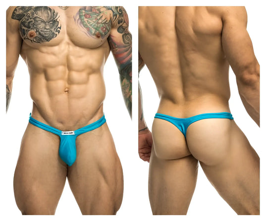 Bright turquoise blue justin simon xsjbu02 bulge thong featuring a small white brand tag at the front