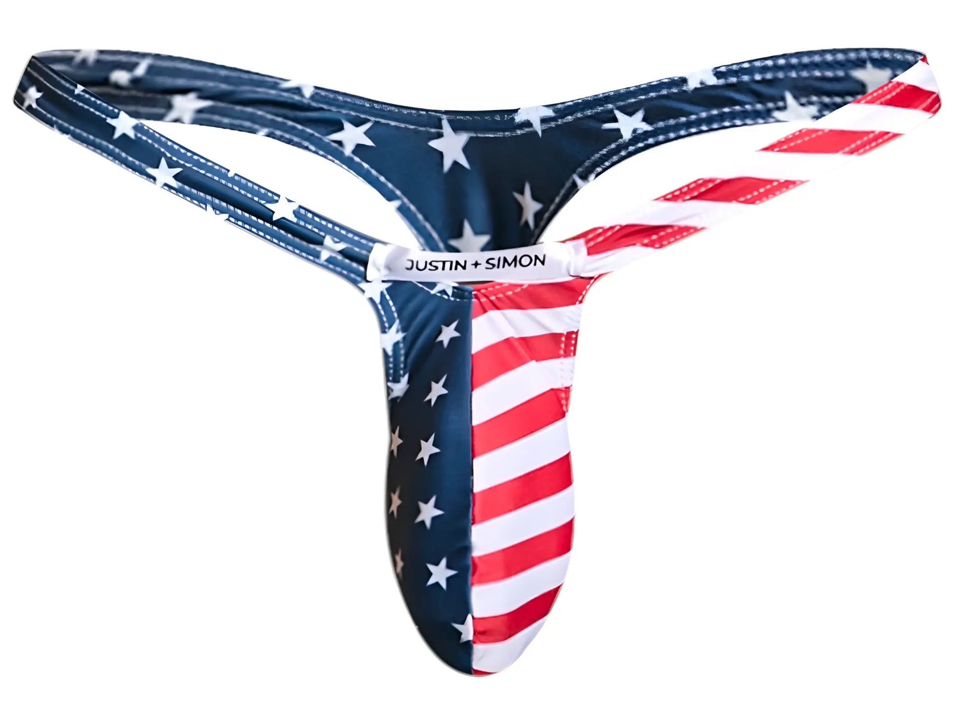 Justin simon american flag-themed bulge thong in red white and blue fabric for bold patriotic style