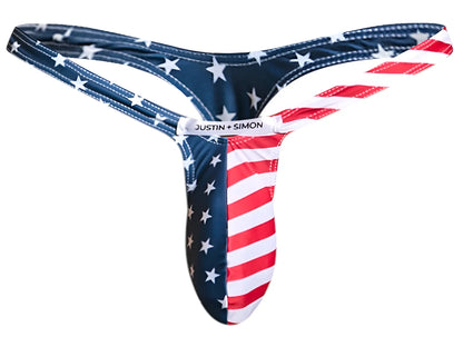 Justin simon american flag-themed bulge thong in red white and blue fabric for bold patriotic style
