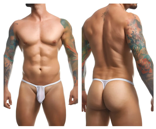 White athletic-cut mesh thong with thin waistband and black arrow logo on front from justin simon xsjbu02 bulge thongs
