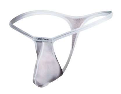 White mesh thong by Justin + Simon showcasing breathable fabric and minimal design for comfortable wear